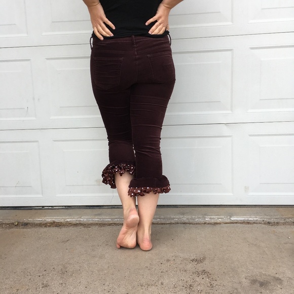 Velvet Brown Polka Dot Ruffle Capri's - Picture 2 of 5